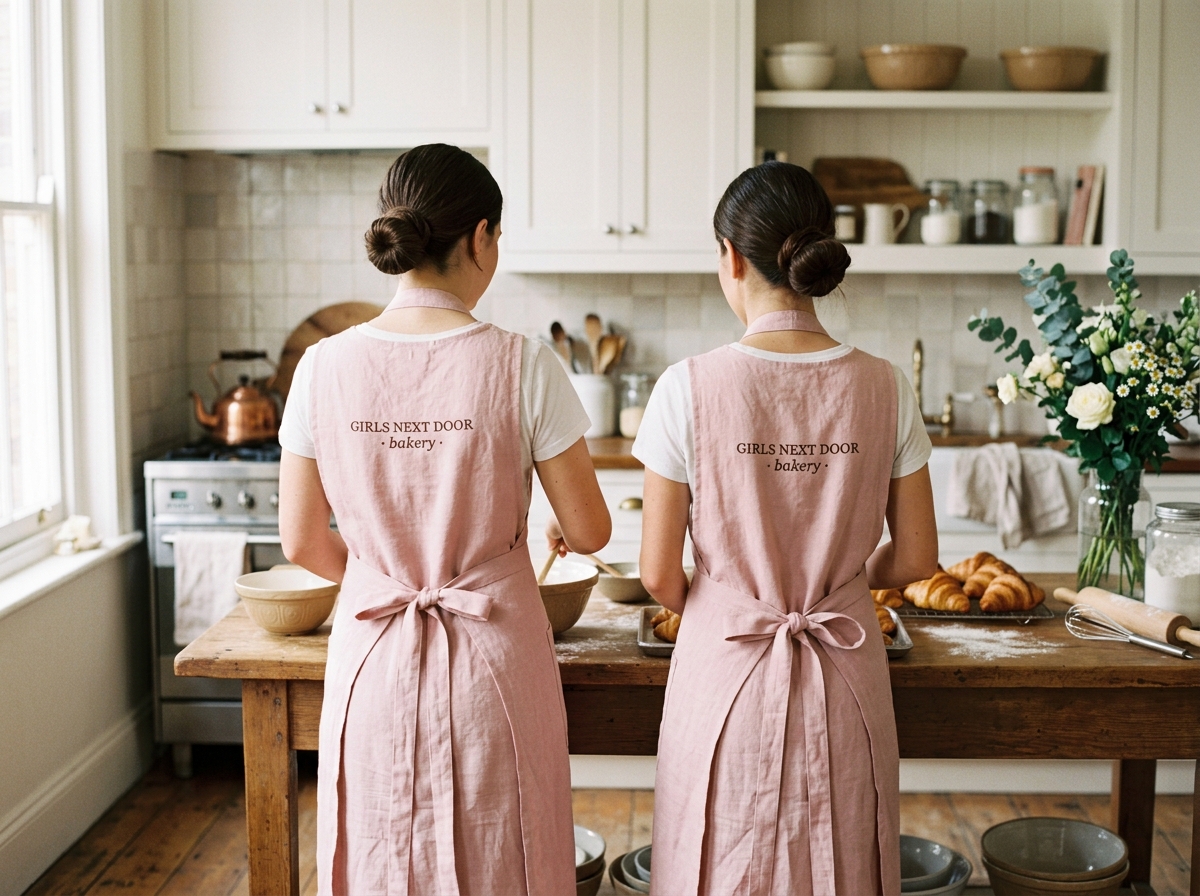 Two women in matching pastel pink aprons facing away in a bright bakery kitchen